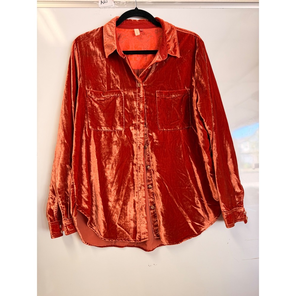 Anthropologie Pilcro Letterpress Velvet Button Down Shirt Rust Orange Medium